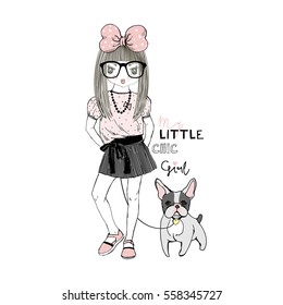 cartoon girl with french bulldog , kid illustration