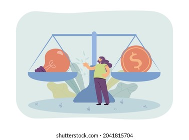 Cartoon girl in front of huge scales with lightbulb and coin. Woman choosing idea instead of money flat vector illustration. Finances, success, inspiration concept for banner or landing web page