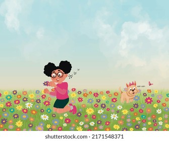 Cartoon girl in garden vector design, with sky blue background