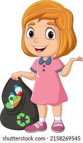 Cartoon girl gathering bottles into garbage bag