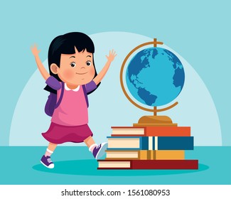 cartoon girl and geography tool on stack of books over blue background, colorful design , vector illustration