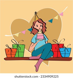 Cartoon girl gift box balloon stars celebration vector illustration. Girl cartoon with happy birthday gifts