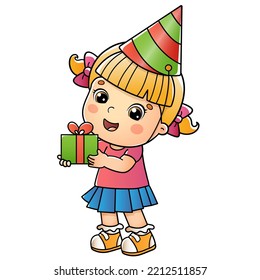 Cartoon girl with gift at the holiday. Birthday. Colorful vector illustration for kids.