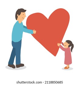 Cartoon girl give dad big heart. Father's day. Valentine's Day. heart shape frame.