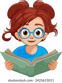 Chica de dibujos animados con gafas leyendo atentamente