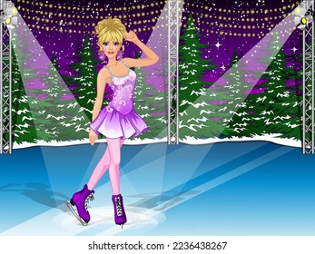 Cartoon Girl goes Ice Skating on Ice Rink Background Scene. Vector Illustration