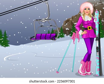 Cartoon Girl goes Skiing on Mountain Slope Background Scene. Vector Illustration