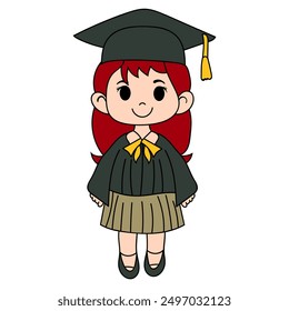 Cartoon Girl Graduate with Red Hair in Cap and Gown