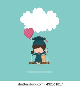 Cartoon girl graduated pupils swinging on a cloud, drawing by hand vector