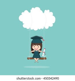 Cartoon girl graduated pupils swinging on a cloud, drawing by hand vector