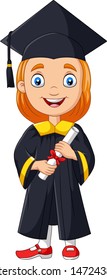 Cartoon girl in graduation costume holding a diploma