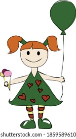 cartoon girl with a green ballon and ice cream