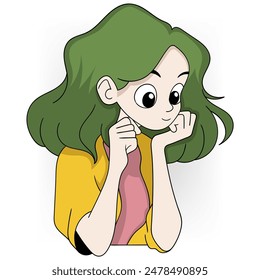 Cartoon girl with green hair looking amazed and intrigued. Represents fascination and curiosity