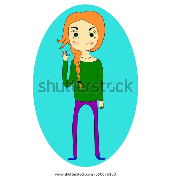 Cartoon Girl Green Sweater Purple Pants Stock Vektorgrafik