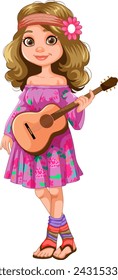Cartoon girl with guitar in floral dress smiling.