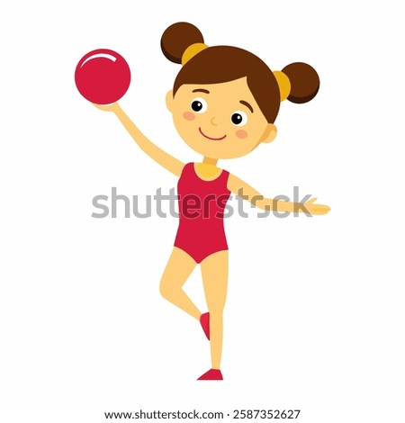 cartoon girl gymnast girl with a red ball .Suitable for children's books, sticker,t shirt design, mascot, logo. Isolated on white background. Front view .Vector illustration. 