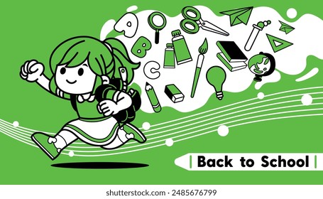 Cartoon Girl happy run with School elements Back to School concept on green background