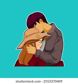 Cartoon girl in the hat is being hugged by her boyfriend