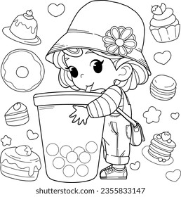 Cartoon girl in a hat drinking a large glass of bubble tea and sweets. Coloring book.vector.