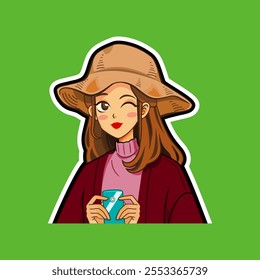 Cartoon girl in hat and wearing a red sweater is holding a cellphone