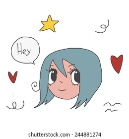 Cartoon girl head flat sticker icon. The vector illustration for ui, web games, tablets, wallpapers, and patterns.