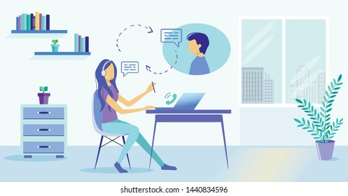 Cartoon Girl In Headset Microphone Help Man Customer Vector Illustration. Online Helpline Helpdesk Hotline. Client Assistance. Female Assistant Tech Support. Internet Chat Message. Call Center Work