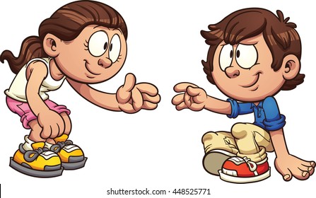 Cartoon girl helping a boy get up. Vector clip art illustration with simple gradients. Each on a separate layer. 