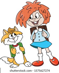 Cartoon girl and her cat friend with their backpacks going to school vector illustration