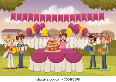 Cartoon Girl With Her Friends At A Birthday Party In The Backyard Of A Colorful House. Suburb Neighborhood.