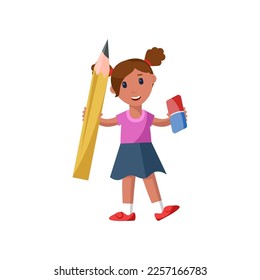 Cartoon girl holding big pencil and eraser vector illustration. Funny kid with pencil and eraser for school lessons and work. Stationery, back to school, education concept