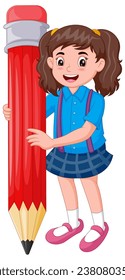 Cartoon girl cartoon holding a big pencil. Vector illustration