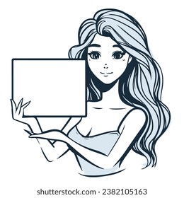 Cartoon girl holding a blank sheet of paper. Sketch of a girl. Space for text.