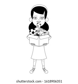 cartoon girl holding a box with donation stuff over white background, vector illustration