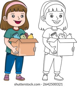 Cartoon girl holding a box of recyclables, depicted in both color and black and white line art. Perfect for environmental and educational themes