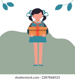 Cartoon girl holding a cake with candles, a box with a birthday present, illustration stylized in a flat style, vector graphic.