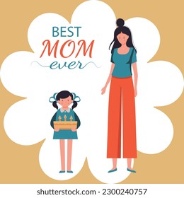 Cartoon girl holding a cake with candles, congratulations to mom on her birthday, best  mom ever , happy mother's day, illustration stylized in a flat style, vector graphics.