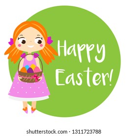 Cartoon girl holding Easter eggs in basket. Template for happy Easter design. Postcard, flyer, banner
