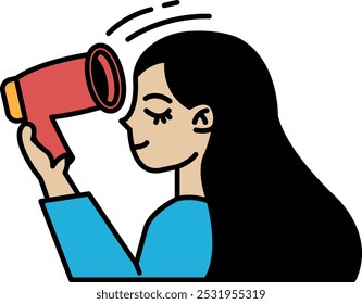 A cartoon girl holding a hair dryer and looking up. The girl is smiling and he is enjoying the moment