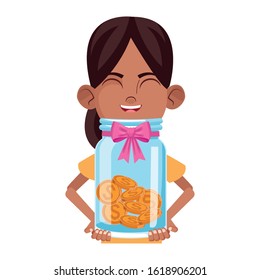 cartoon girl holding a money bottle over white background, colorful design, vector illustration
