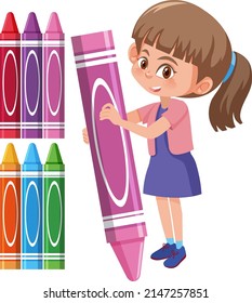 Cartoon girl holding pink crayon stick illustration