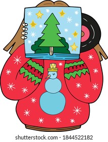 Cartoon-Mädchen, das eine Platte mit Weihnachtsliedern hält. Einzelelement für Design. Neues Jahr und frohe Weihnachten. Skandinavier. Clipart. Postkarte, Aufkleber, Werbung. Helle Farben.