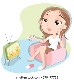 Cartoon Girl Holding Remote Control Watching Bored TV Show.