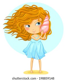 cartoon girl holding a seashell next to her ear