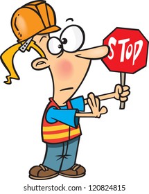 cartoon girl holding a stop sign wearing a construction uniform