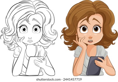 Cartoon girl holding tablet with a shocked expression