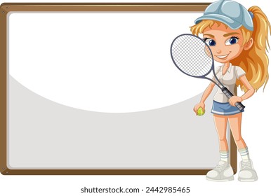 Cartoon of a girl holding a tennis racket smiling.