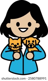 A cartoon girl is holding two dogs and a cat. She is smiling and she is happy