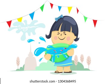Cartoon girl is holding water bowl, Songkran Festival, Culture in Thailand, Vector Illustration 
