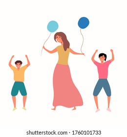 
Cartoon girl holds colored balls, children dance in a beautiful style on a white background. The concept of childhood and holiday. Vector flat background. Beautiful girl entertains children.