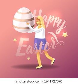 Cartoon girl holds an Easter egg. Happy Easter invitation card. Holiday egg with golden stripes